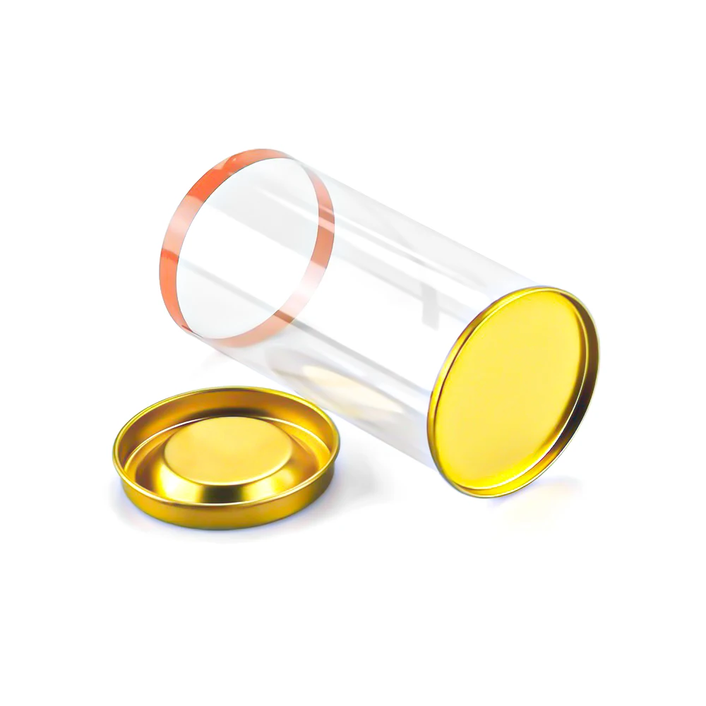 Transparent PVC PET RPET PP Plastic Round Tube Cylinder Packaging Box with Metal Lid