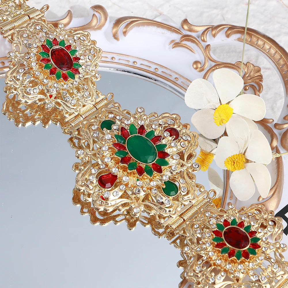 Exquisite Fashion Moroccan-Style Inlaid Rhinestones Large Waist Chain Gold Adjustable Algerian Chic Kaftan Wedding Dress Belt