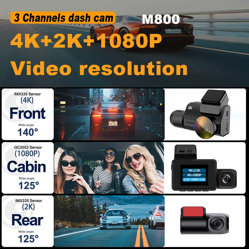 M800 New 4k Dashcam Car Dvr 4k Dash Cam 3 Lens With App Wifi Gps Hd 4k Dash Cam Front And Rear