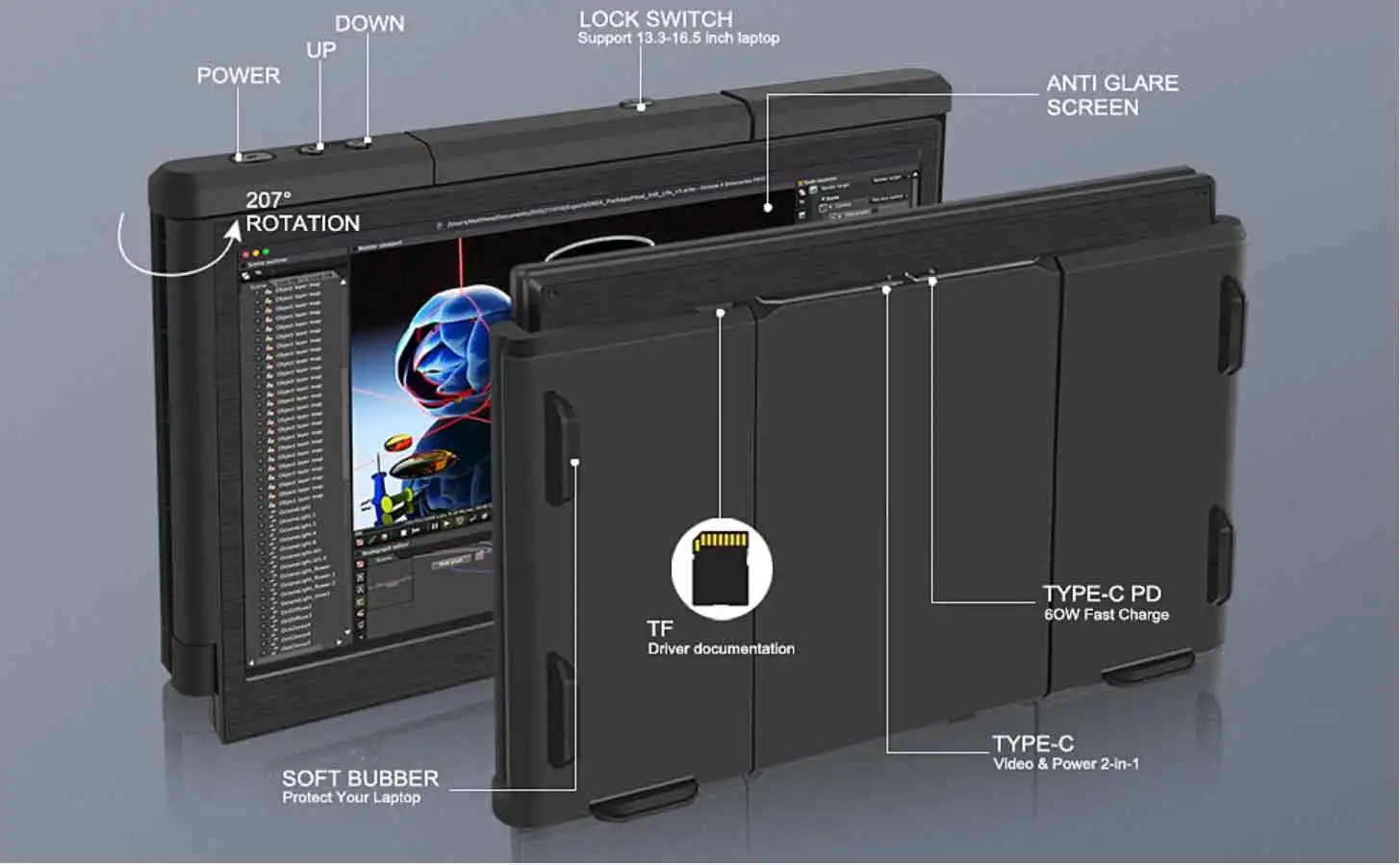 Monitor portátil para Notebook con pantalla doble de 13.3 - Ofiyaa P2 PRO  Tri Screen