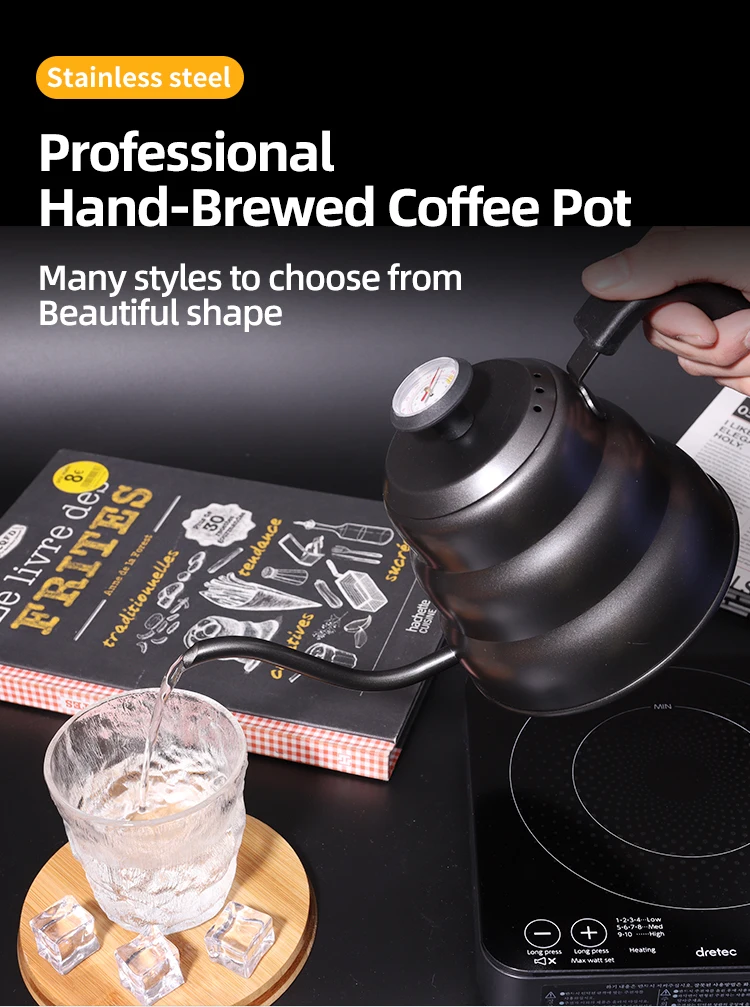 2023 new designer SUS 201 family big capacity party 1200ml temperature test thermometer flask coffee kettle pot stainless steel