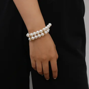 Cheap Layered Double Strand White Faux Freshwater Pearl Bracelet Women 2021