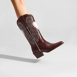 Women's Knee-High Wine Red Western Cowgirl Boots Angel Wing Embroidery Chunky Heel Pointed Toe Lightweight Summer Comfort