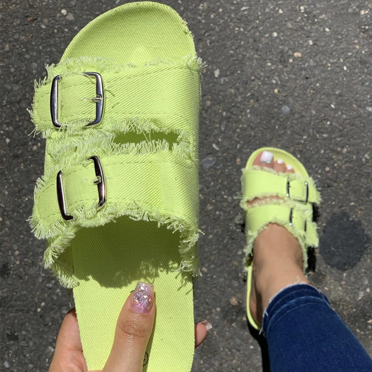 denim bow slides