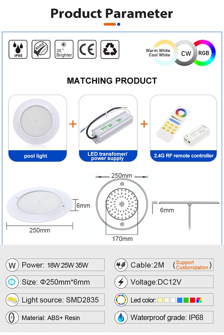 Description Picture 3 of itemSwimming Pool Lights 18W 25W 35W Focos 12V LED Smart App Tuya Wifi LED RGB Piscine Lamp Remote Control Pool Party Decoration