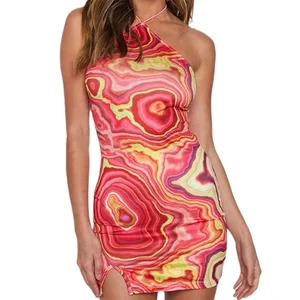 Custom Designer Fashion Female Summer Lady Women Wholesale Y2k Multi Print Sexy Backless Split Halter Bodycon Mini Dress 2026
