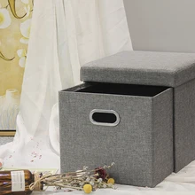 HStex Wholesale Grey Linen Fabric Foot Stools Home Furniture Foldable Storage Drawer Ottoman Small