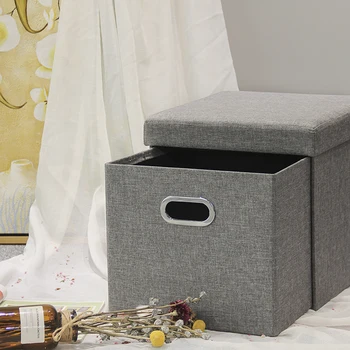 HStex Wholesale Grey Linen Fabric Foot Stools Home Furniture Foldable Storage Drawer Ottoman Small