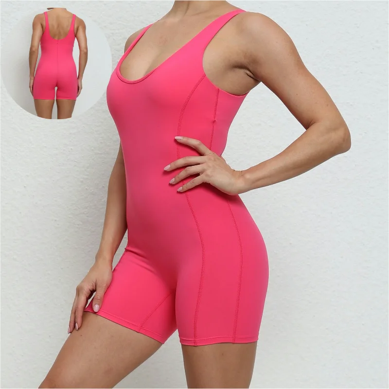 Soft Naked Feeling Slim U Shape Gym Fitness Sets For Adults Wear Workout One Piece Jumpsuits Women Yoga Shorts Bodysuits