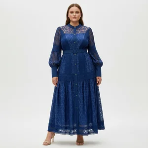 Winter Vintage Tunic Casual Maxi Dress for Women Lantern Sleeve Empire Embroidery Lace Eco-Friendly A-Line Black White