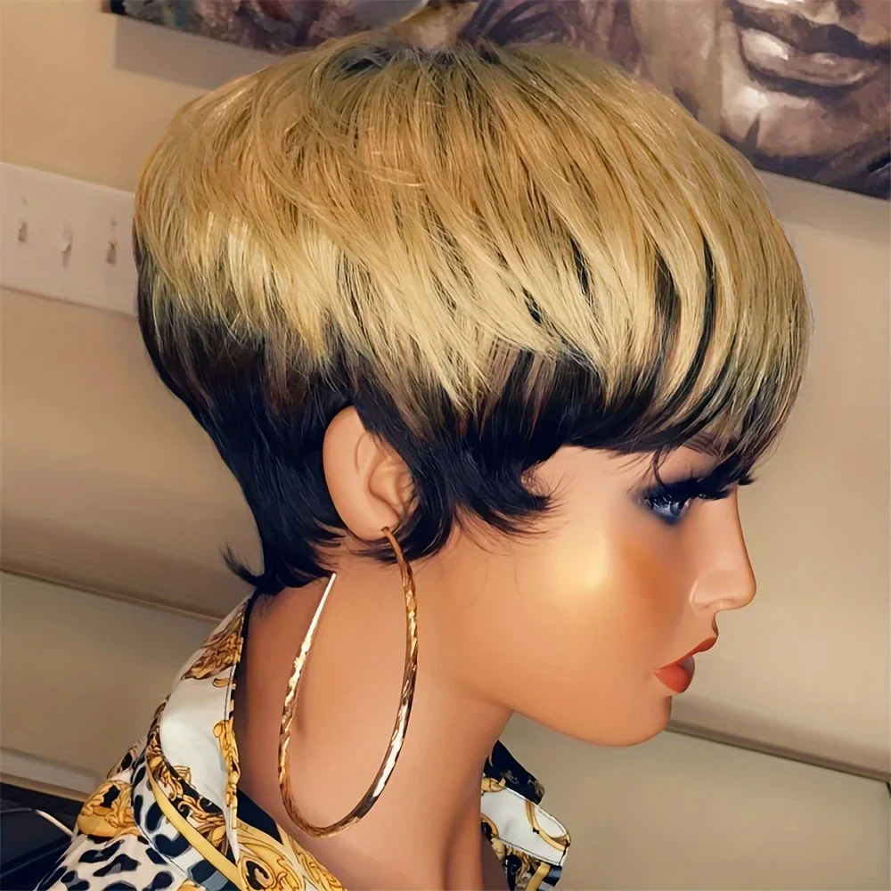 Perruques de cheveux humains courts et raides avec frange Perruques de cheveux courts coupe Pixie pour femmes Perruque entièrement fabriquée à la machine_voghion.com