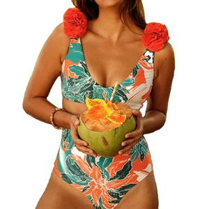 Sexy Floral Bikinis Women Swimsuit Shoulder Lace up Swimwear High Waist Beachwear Bathing Suit