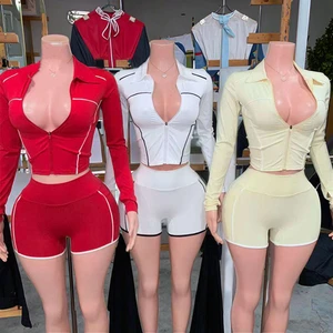 GX25103 Fashion Women Clothing Boutique Street Active Wear Long Sleeve Zipper Jacket Top and Jogger Shorts 2 Piece Set