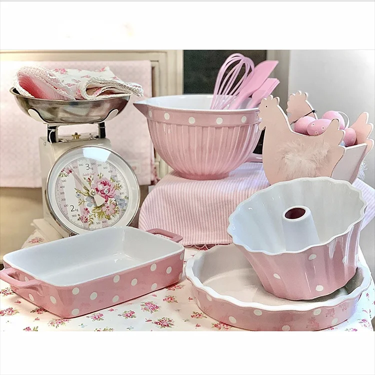 Mj bakery hot sell kitchenware pink ceramic cheese baking pans set with handles