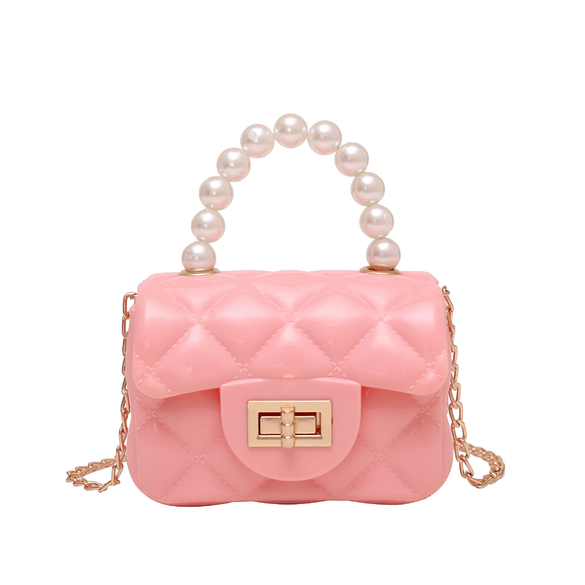 Classic Jumbo Pearl Handle Quilted Jelly Handbags w/Golden Chain