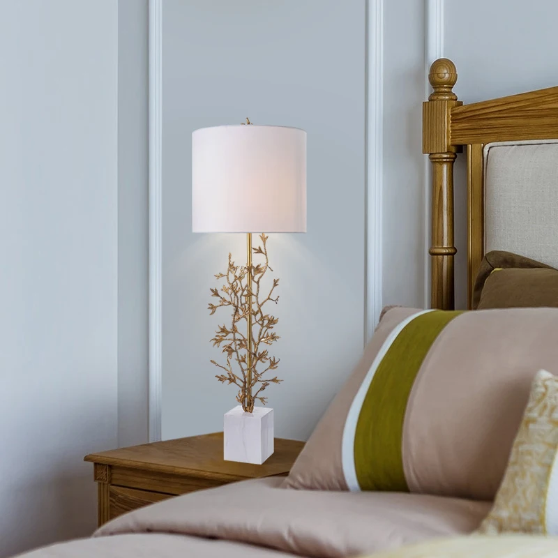 Designer Solid Brass Tree Branch Leaf White Marble Base Beige Drum Shade Restaurant Table Lamp