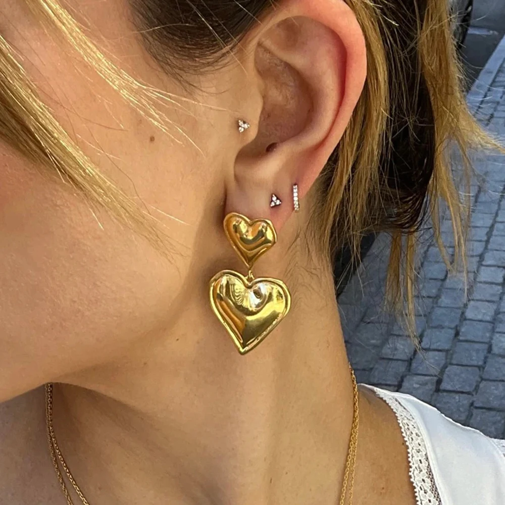 Stainless Steel Double Heart Shaped Drop Earrings for Women