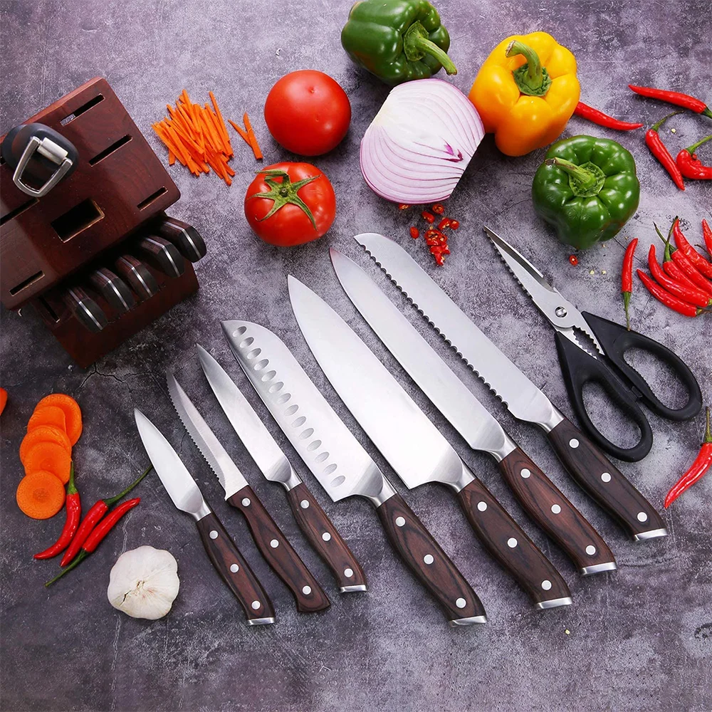 
 Самый продаваемый профессиональный набор ножей шеф-повара lo mas vendido из высокоуглеродистой нержавеющей стали с деревянной ручкой Pakkawood  