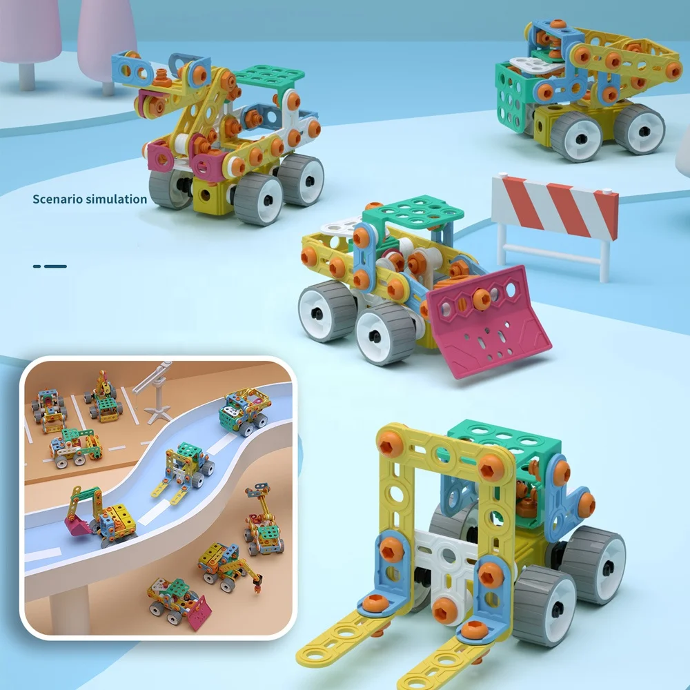 9 in 1 STEM Assemble Toy Kids DIY Building Blocks Set 153pcs Detachable Engineering Car Vehicle Series Screw Assembly Blocks Toy