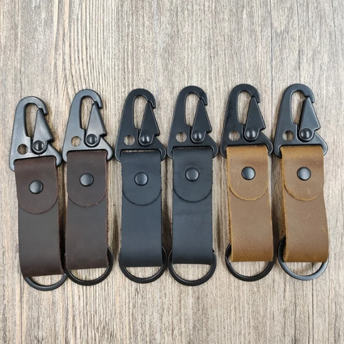 Customizable Vintage Keyring Chain Loop Genuine Leather Car Key Ring Hook Outdoor Tactical EDC Clip Keychains Belt Key Holder