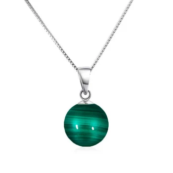 100 pieces customized design Fashion jewelry S925 sterling silver white natural round malachite pendant necklace