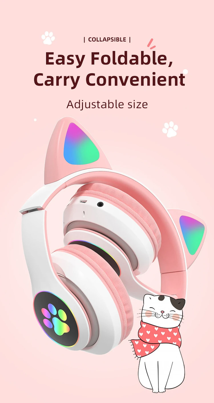 Aks28p Pink Cat Headphones For Girls Wireless Kitty Cat Ear Headphones