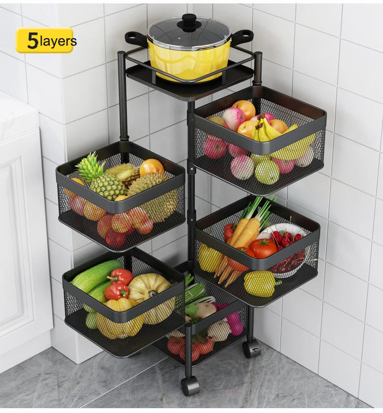 
5-уровневая многофункциональная напольная тележка, вращающаяся на 360 градусов, кухонная полка для хранения, полка для хранения фруктов и овощей 
