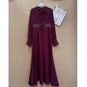 Factory Wholesale Formal Chiffon High Waist Retro Dress Bow Long Sleeve Banquet Pleated A-Line Diamonds Beaded Long Dress