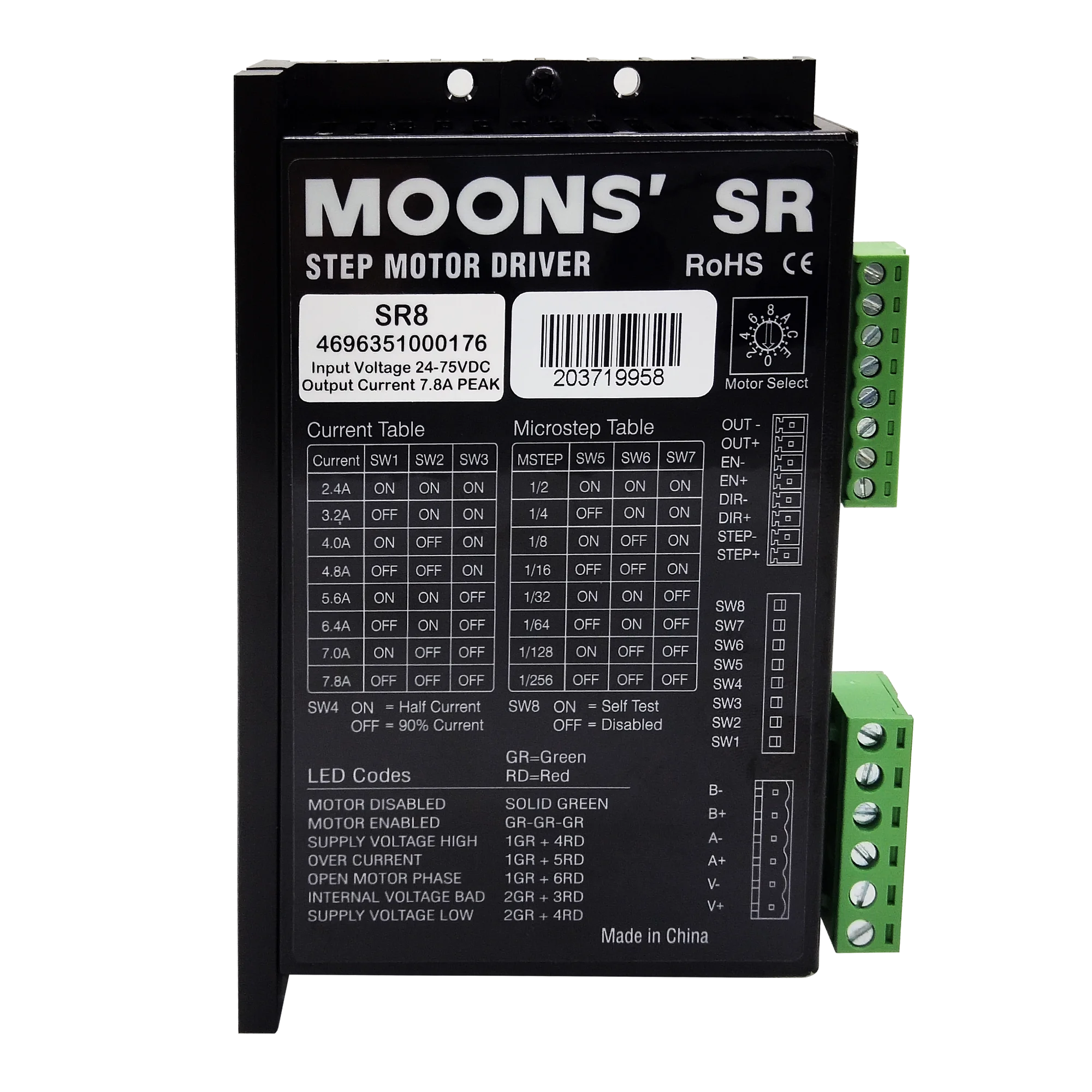 MOONS 1pc SR8 Stepper Motor Controller 2-phase Digital Stepper Motor Driver 24-70 VDC Max. 7.8A for 57 86 Series Motor