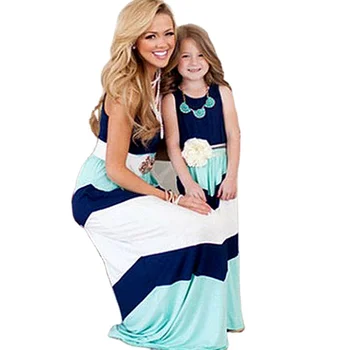 Striped Printed Long Dress Mother Daughter Family Matching Clothes Mommy and Me Outfits