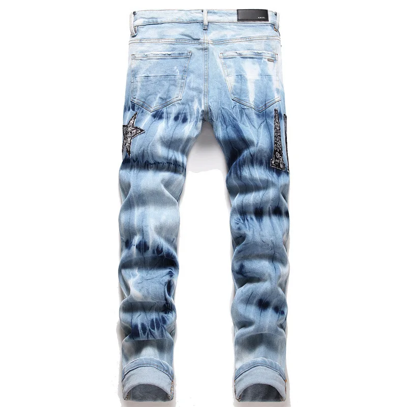 Fashion Streetwear Men Jeans Blue Color Paint Printed Jeans Men Hip Hop Pants Punk Style Jeans