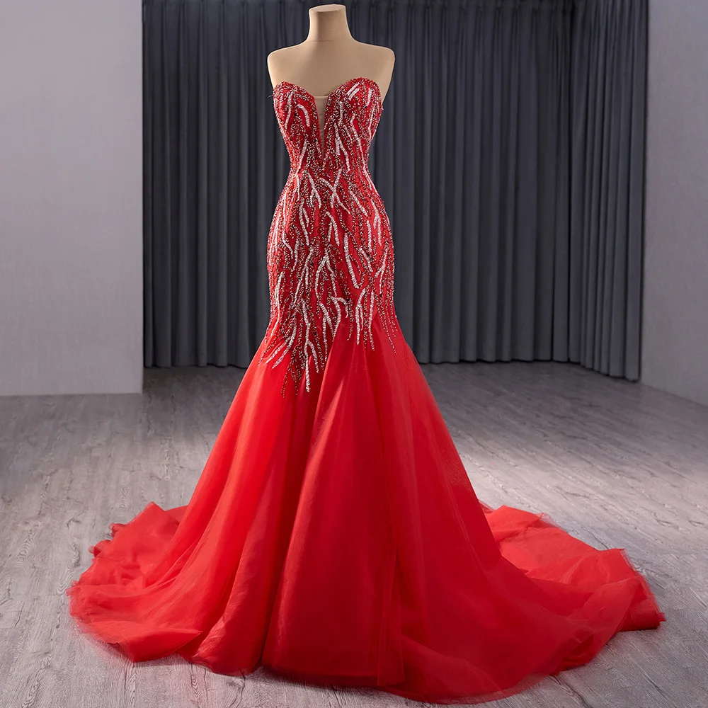 women's sweetheart full lace beach wedding dress red Luxury Beaded Mermaid Strapless Blue 3D Floral 2604 Appliqué details are placed Size:24