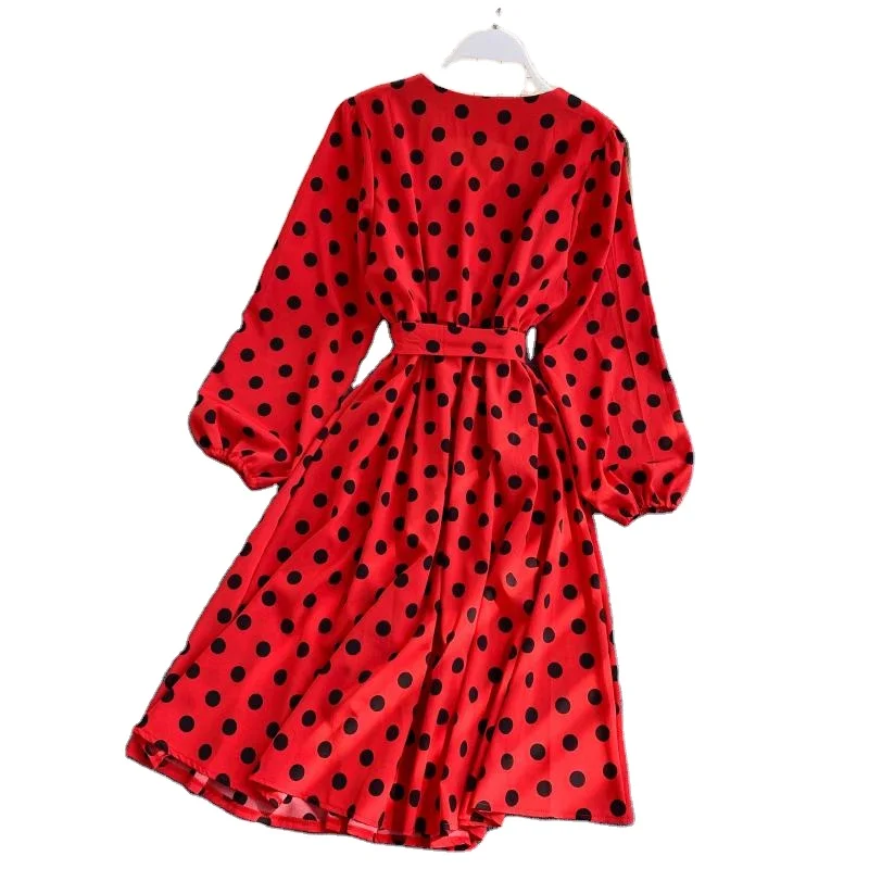 Fall Korean Style Women Polka Dot Midi Dress in Hot Sashes Vintage Elegant  Long Sleeve Green Dress Ladies Dresses