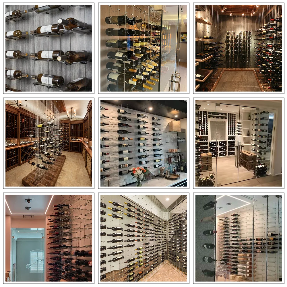 Customized Display Floating Cable Wine Rack  with clear Glass Cradles and Silver Clips Wine Bottle Rack Display Wine Storage