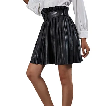 2022 Fashion Custom Women Short Skirt Belt Elegant Solid Color Sexy Black Leather Pleated Skirt For Women