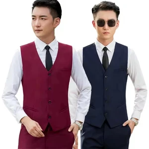 Mens Burgundy Restaurant Waistcoats Waiters Uniforms Classic Suit Vests Gentlemen Sleeveless Jacket Formal Clothes Work Vest