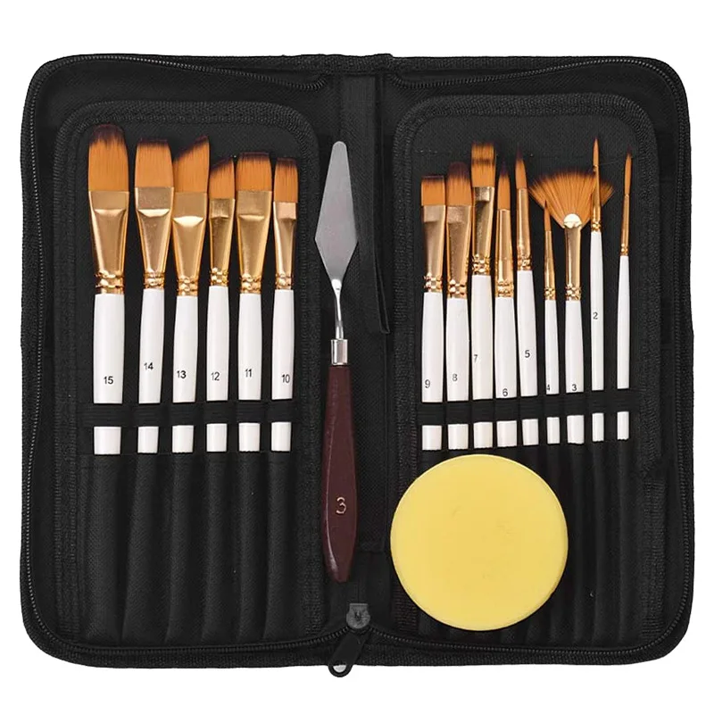 15pcs Artist Paint Brush With Pop-up Carrying Case and Palette Knife