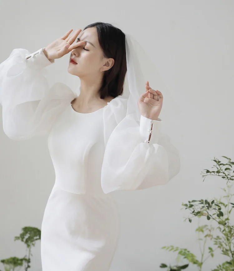 S809F  New White Trailing Temperament Simple White Puff Sleeve Slim Satin Bridal Toast Women Wedding Dress