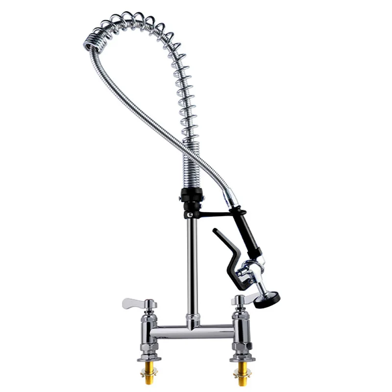 Dual Handle Commercial Industrial Kitchen Faucet Sprayer Short Type Pre-Rinse Hot Cold Water Stainless Steel Wall Mount 2 Holes details