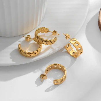 2021 Trendy Stainless Steel Gold Plated Chunky Cuban Chain Link Earrings Open Twist Hoop Earrings For Women