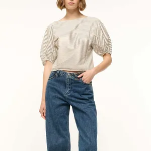Clothing Manufacturers Custom Spring Summer Autumn Stylish Breathable Ivory Short Sleeves Stripe Crop Top