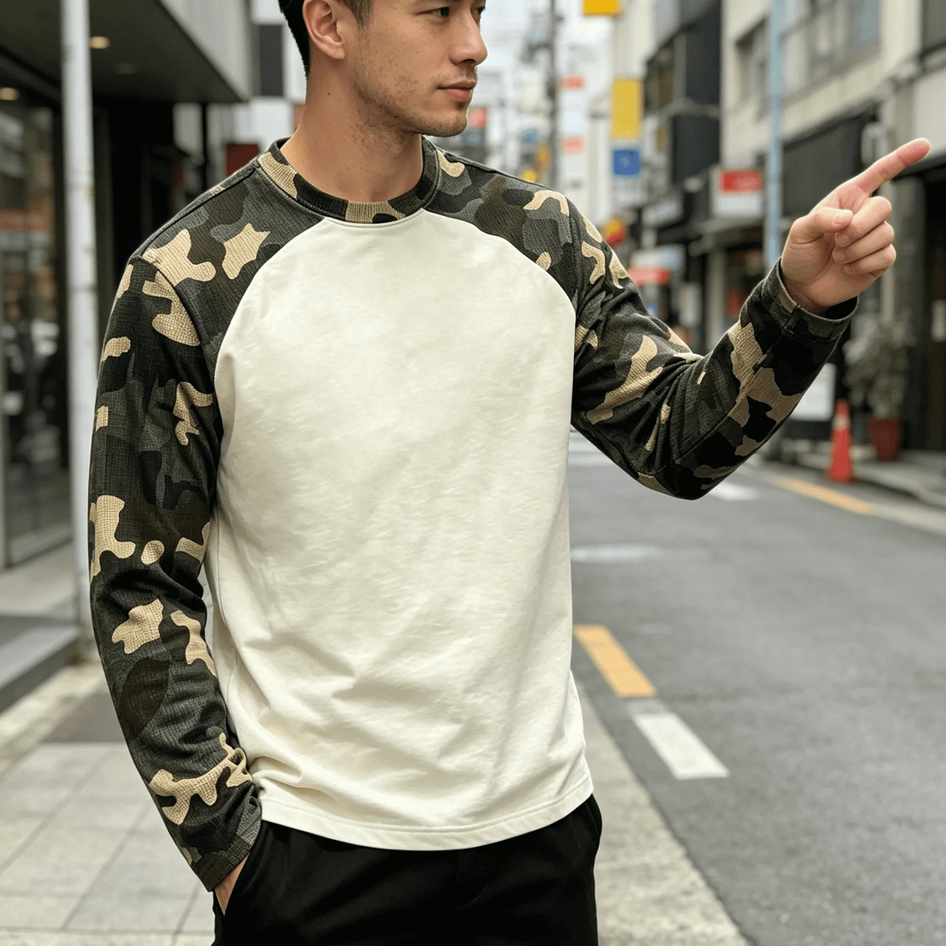 Clothing Manufacturers Custom Embroidery Colorblock Waffle Camo Long Sleeve T Shirt Men Boxy Fit Vintage gallery 3