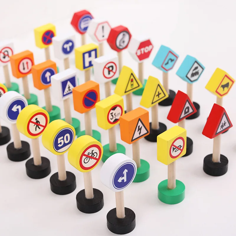 Montessori Education Play Set Kids Wooden Traffic Sign Cognitive Blocks Wood Toys for Cognitive Learning Street Signs Play