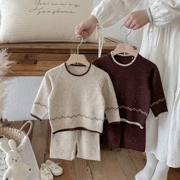 2025 New Korean Style Autumn and Winter Children's Clothing Girls' Long Sleeve Pullover Knitted Sweater Cotton Two-Piece Set