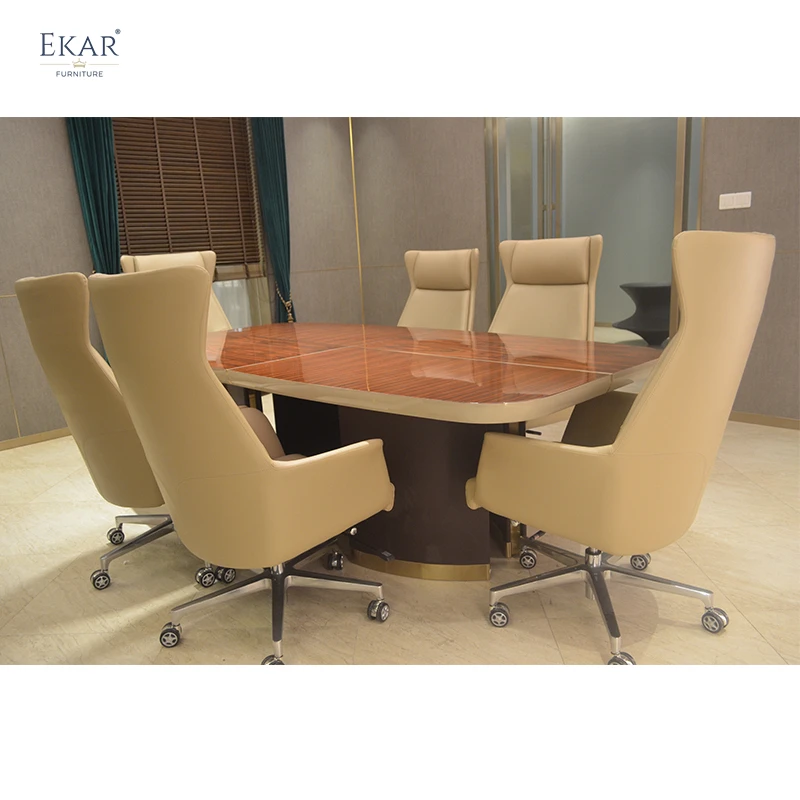 Elegant Veneer Stitched High-Gloss Finish Office Conference Table with Faux Leather Legs and Stainless Steel Accents supplier