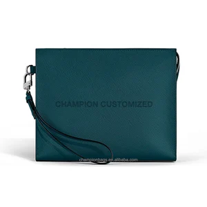 Custom Logo Saffiano Leather Luxury Wrist Zip Leather Pouch for Men Fashion Clutch Bag