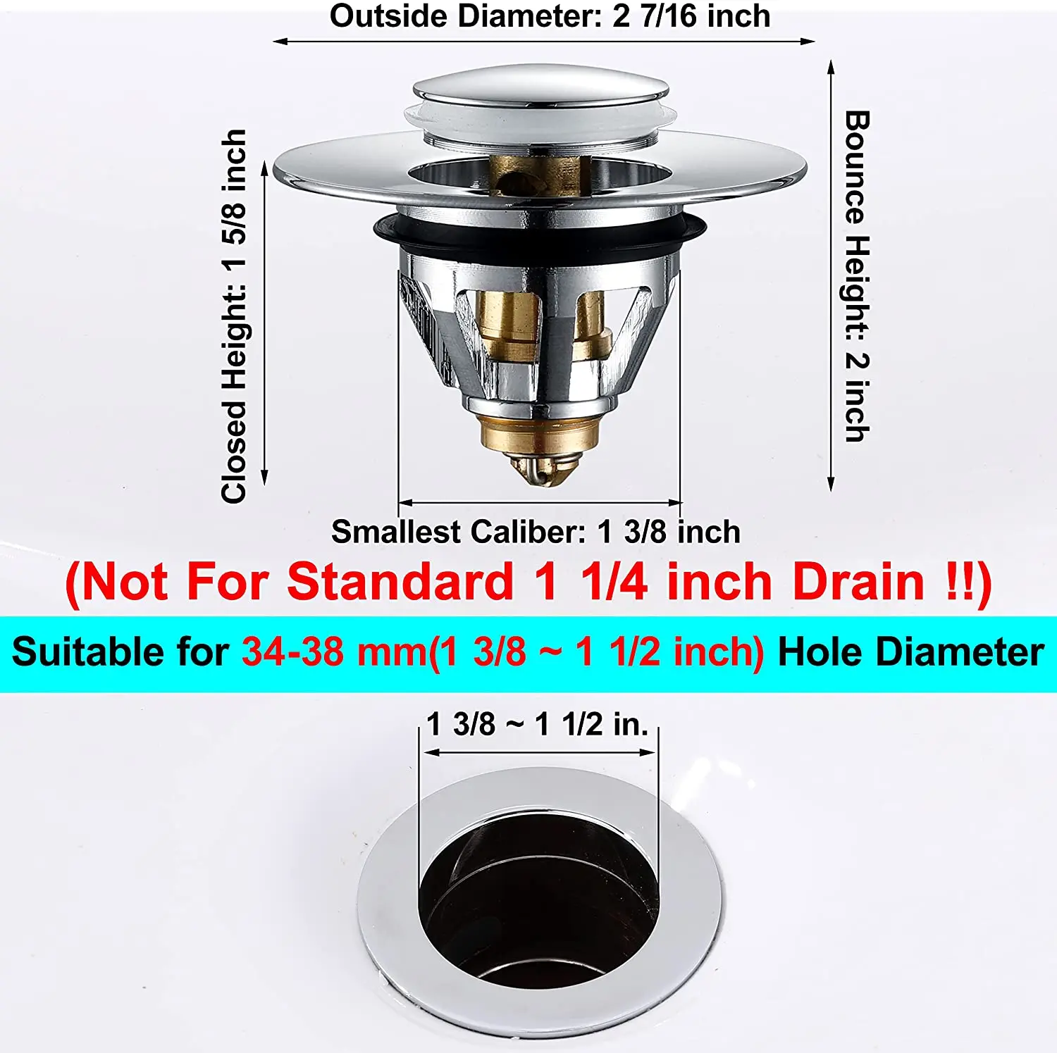 Tappo Scarico Lavabo 35mm Pop-Up Con Meccanismo A Rimbalzo - Ottone Cromato Per Bagno E Cucina - Foto 10