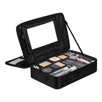 Black big storage nylon portable cosmetic bag with mirror high quality fashion makeup bag for beauty salon