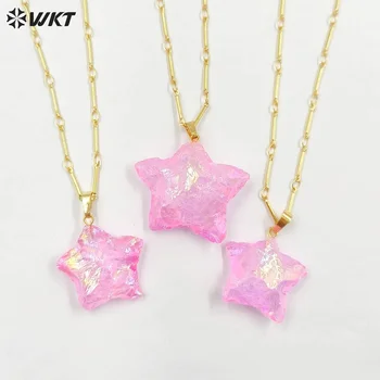 WKT Natural Pink Opal Necklace - 18K Gold Plated Star Shape