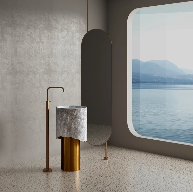 New Style Luxury Golden Stainless Steel Pedestal and Artifical Stone Art Wash Basin Combination Bathroom Free Standing Sink